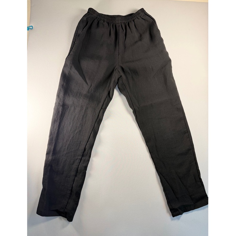 Fridoze Linen Redefined Black Elastic Waist Straight Leg Pants XS